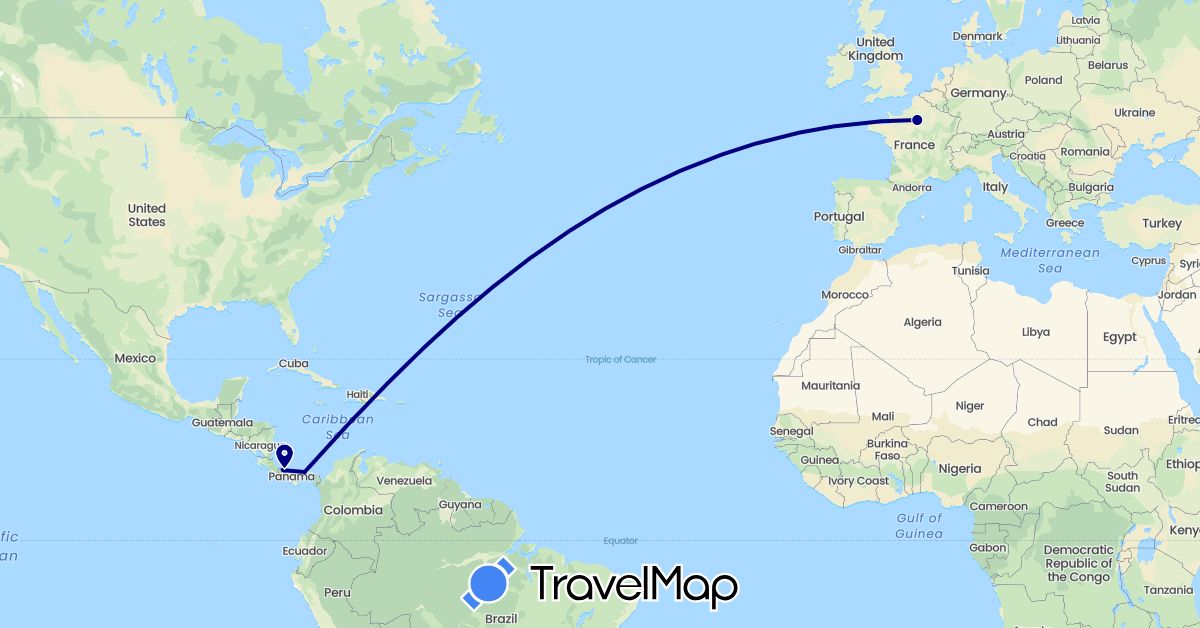 TravelMap itinerary: driving in France, Panama (Europe, North America)